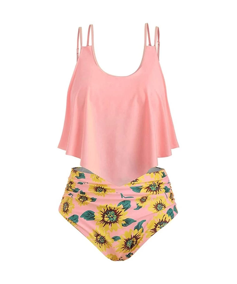 Racing Women's Top Halter Sunflower High Waisted Bikini Bottoms Tankini Set - A-pink - C5193IEM6H7