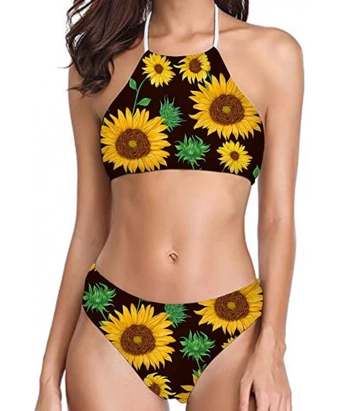 Sets Womens Forest Palm Leaves Sunflower Printing High Neck Halter Bikini Set Swimsuit XS-2XL - Pattern-11 - CI194RZM3LM