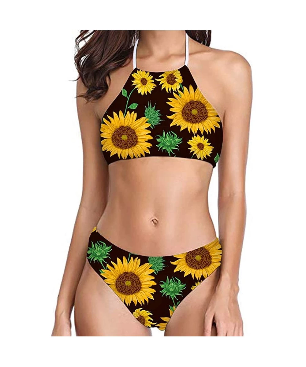 Sets Womens Forest Palm Leaves Sunflower Printing High Neck Halter Bikini Set Swimsuit XS-2XL - Pattern-11 - CI194RZM3LM