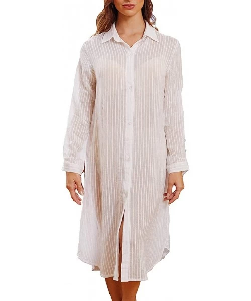 Cover-Ups Women Embroidered Half/Long Sleeve Swimsuit Cover Up Mini Beach Dress - White 6 - C71992WX373