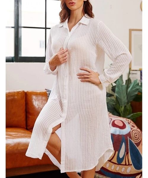 Cover-Ups Women Embroidered Half/Long Sleeve Swimsuit Cover Up Mini Beach Dress - White 6 - C71992WX373