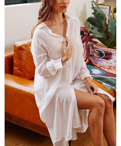 Cover-Ups Women Embroidered Half/Long Sleeve Swimsuit Cover Up Mini Beach Dress - White 6 - C71992WX373