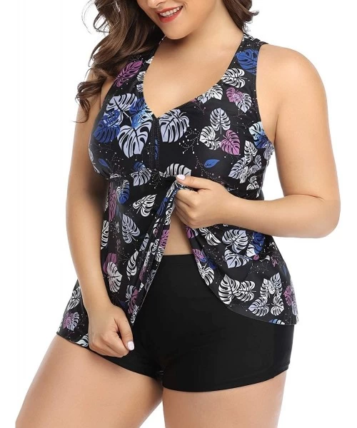 Tankinis Plus Size Bathing Suits for Women Flowy Tankini Swimsuits with Shorts Two Pieces V Neck Cross Back Swimwear - Black ...