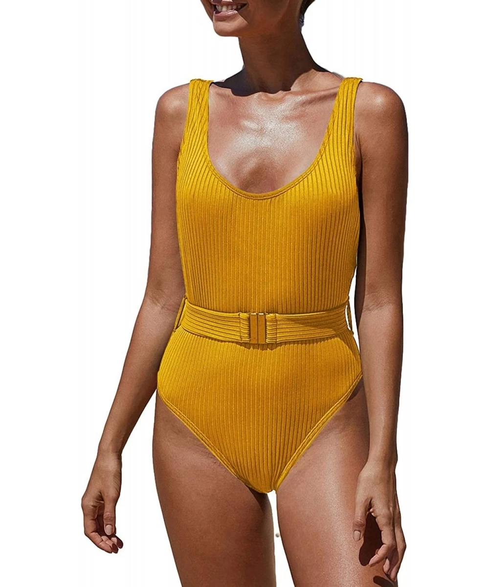 One-Pieces Women's Sexy Ribbed Monokini Swimwear U Neck Backless One Piece Swimsuit with Belt - Yellow - C4196QYKORZ