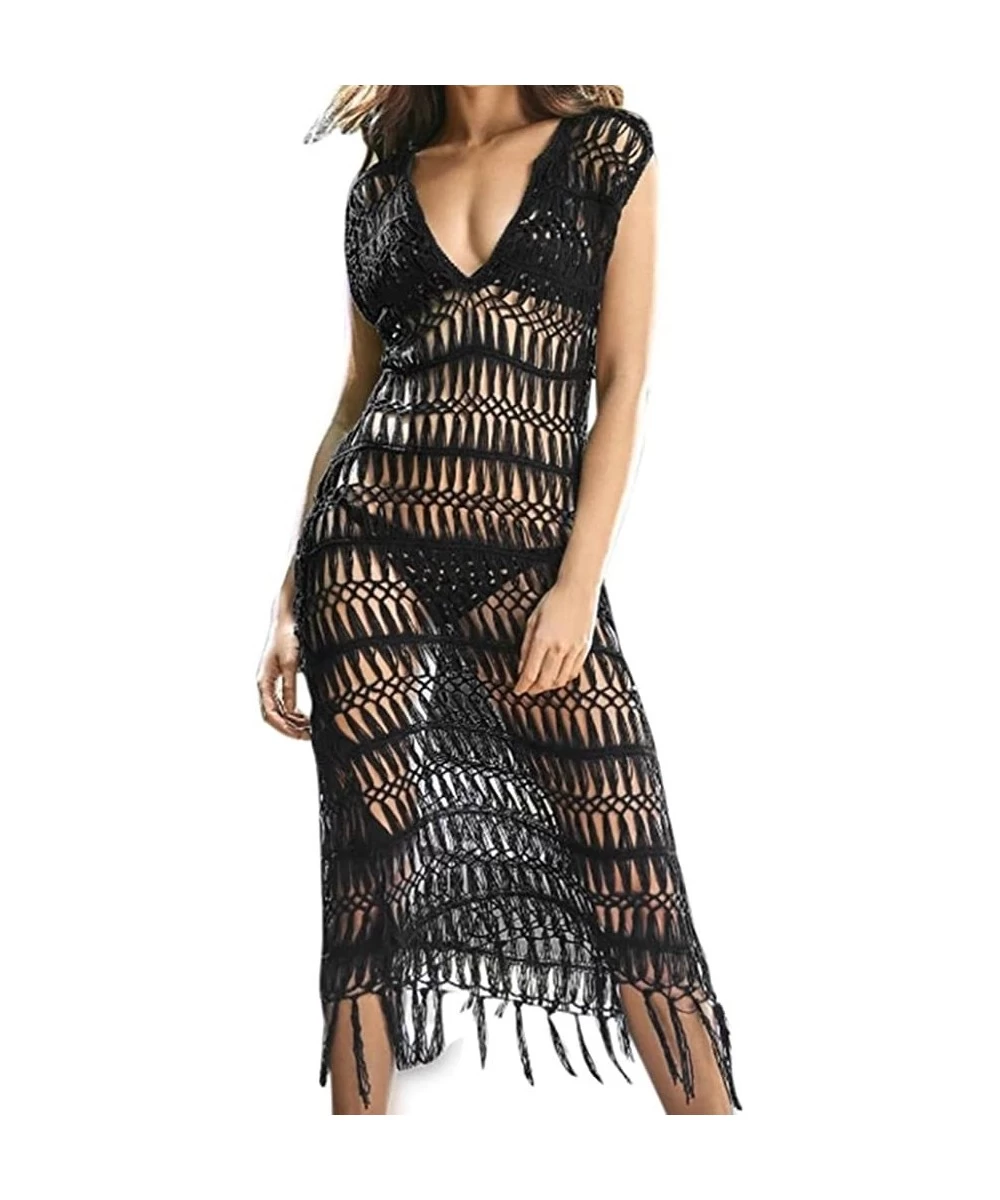 Cover-Ups Women Dress- Fall Women Transparent Sexy V-Neck Lace Hollow Bikini Cover Swimwear Beach Dress - black - CX1802D5QLU