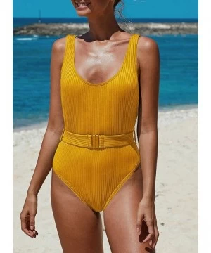 One-Pieces Women's Sexy Ribbed Monokini Swimwear U Neck Backless One Piece Swimsuit with Belt - Yellow - C4196QYKORZ