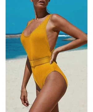 One-Pieces Women's Sexy Ribbed Monokini Swimwear U Neck Backless One Piece Swimsuit with Belt - Yellow - C4196QYKORZ