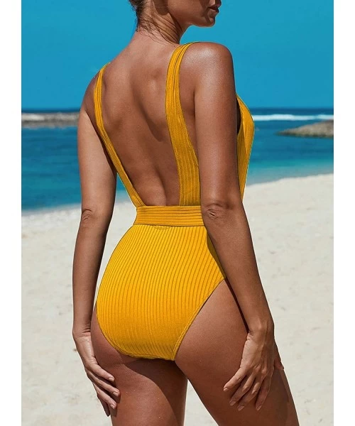 One-Pieces Women's Sexy Ribbed Monokini Swimwear U Neck Backless One Piece Swimsuit with Belt - Yellow - C4196QYKORZ