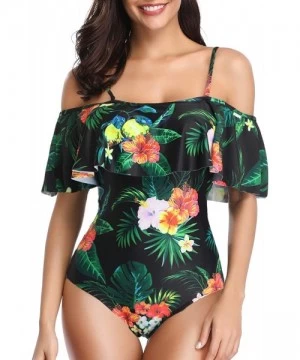 One-Pieces Off The Shoulder One Piece Swimsuits for Women Vintage Ruffle Floral Bathing Suits - Green Floral - C018XHLMOD3