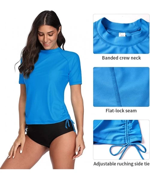 Rash Guards Women's Short Sleeve Rashguard Swimwear UPF 50+ Rash Guard Athletic Tops - Solid Blue - CV194X5OSR4