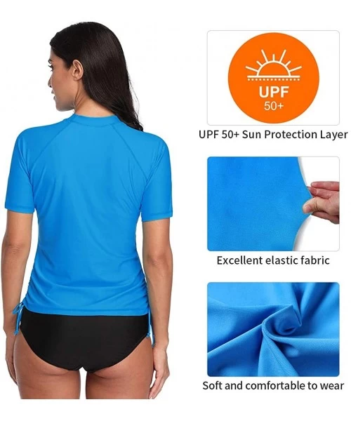 Rash Guards Women's Short Sleeve Rashguard Swimwear UPF 50+ Rash Guard Athletic Tops - Solid Blue - CV194X5OSR4