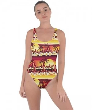 One-Pieces Womens One Piece Hawaiian Hibiscus Flowers Palm Leaves Bring Sexy Low Back Swimsuit- XS-3XL - Dark Orange - C918RU...