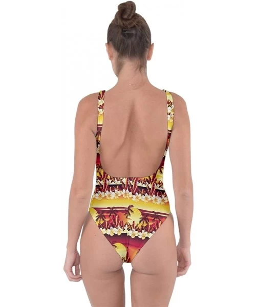 One-Pieces Womens One Piece Hawaiian Hibiscus Flowers Palm Leaves Bring Sexy Low Back Swimsuit- XS-3XL - Dark Orange - C918RU...