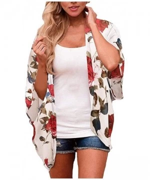 Cover-Ups Women's Casual Chiffon Loose Cardigan Short Sleeve Floral Print Open Front Blouse Kimono Cover Up Beachwear - Red -...