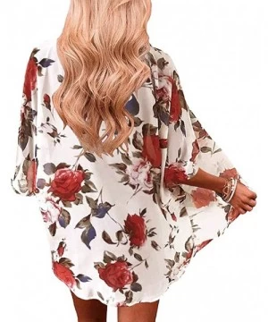 Cover-Ups Women's Casual Chiffon Loose Cardigan Short Sleeve Floral Print Open Front Blouse Kimono Cover Up Beachwear - Red -...