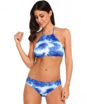 Sets Womens Two Piece Swimsuit Halter Tropical Leaves Print Bikini Sets - Blue 02 - CW184R452DN