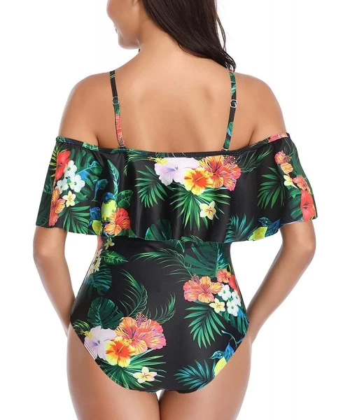 One-Pieces Off The Shoulder One Piece Swimsuits for Women Vintage Ruffle Floral Bathing Suits - Green Floral - C018XHLMOD3