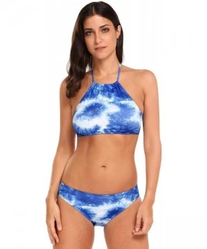 Sets Womens Two Piece Swimsuit Halter Tropical Leaves Print Bikini Sets - Blue 02 - CW184R452DN