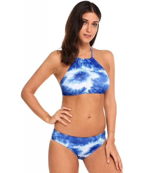 Sets Womens Two Piece Swimsuit Halter Tropical Leaves Print Bikini Sets - Blue 02 - CW184R452DN