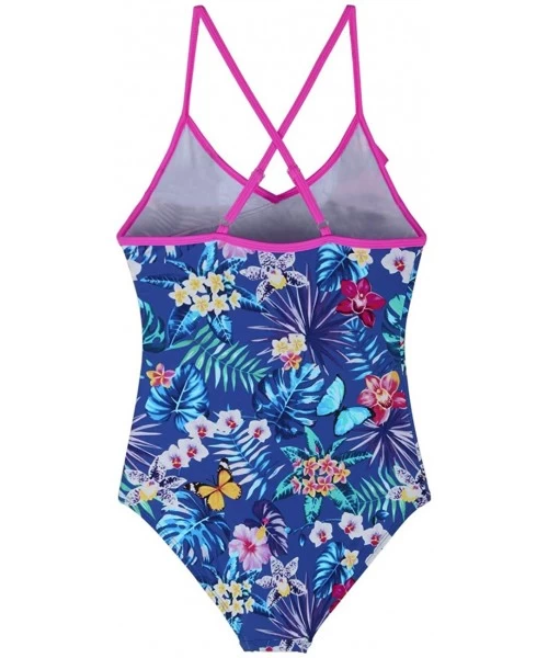 One-Pieces Girl's One Piece Bikini Swimwear Ruffle Swimsuits Cross Back Bathing Suits for Kid - Blue Floral - CM18UHKRNK5