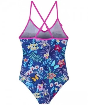 One-Pieces Girl's One Piece Bikini Swimwear Ruffle Swimsuits Cross Back Bathing Suits for Kid - Blue Floral - CM18UHKRNK5