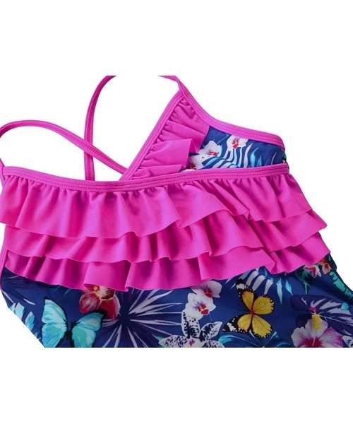 One-Pieces Girl's One Piece Bikini Swimwear Ruffle Swimsuits Cross Back Bathing Suits for Kid - Blue Floral - CM18UHKRNK5