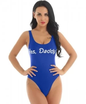 One-Pieces Womens Yes Daddy Letter Print Deep-U Neck Wide Shoulder Straps Swimsuits - Royal_blue - CM18UYOCQ73