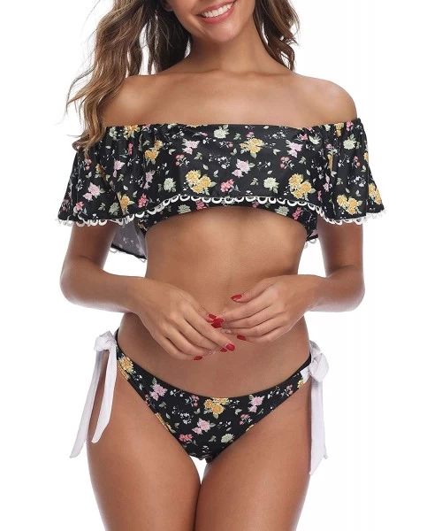 Sets Women Off-Shoulder Two Piece Bikini Set Ruffled Floral Print Swimsuit - Black&golden - CA18T0S9C4X