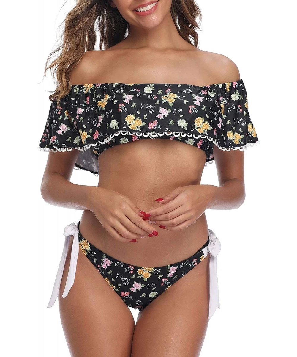 Sets Women Off-Shoulder Two Piece Bikini Set Ruffled Floral Print Swimsuit - Black&golden - CA18T0S9C4X