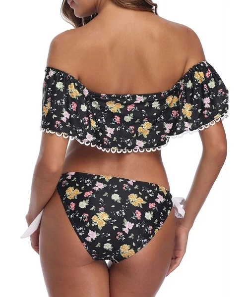 Sets Women Off-Shoulder Two Piece Bikini Set Ruffled Floral Print Swimsuit - Black&golden - CA18T0S9C4X