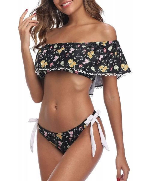 Sets Women Off-Shoulder Two Piece Bikini Set Ruffled Floral Print Swimsuit - Black&golden - CA18T0S9C4X