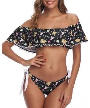 Sets Women Off-Shoulder Two Piece Bikini Set Ruffled Floral Print Swimsuit - Black&golden - CA18T0S9C4X