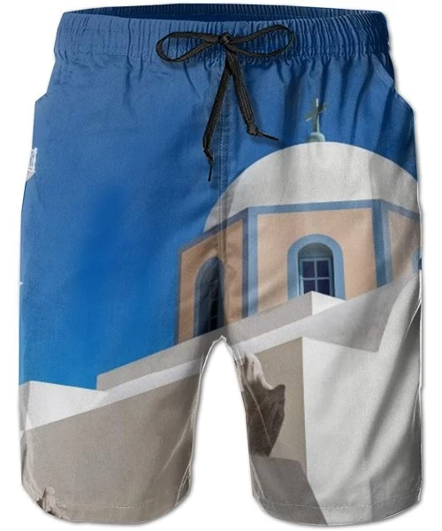 Board Shorts Men Cool Surfing Beach Board Shorts Swim Trunks - Cool Skulls Black - Blue White Sky Santorini Greece Building -...