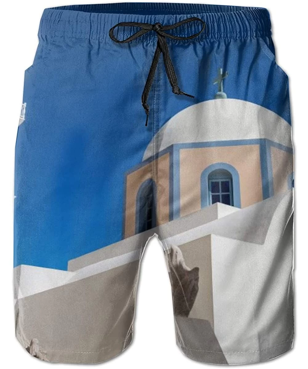 Board Shorts Men Cool Surfing Beach Board Shorts Swim Trunks - Cool Skulls Black - Blue White Sky Santorini Greece Building -...