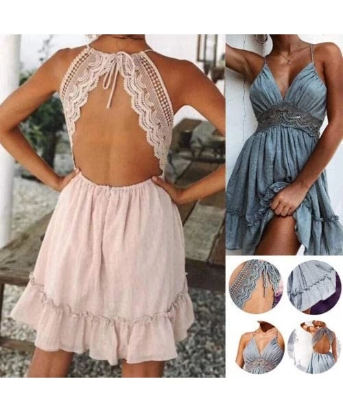 Cover-Ups Women Summer Beach Dress- Sexy Bohemian Sundresses Open Back Halter Deep V Lace Floral Skirt- Long Sleeve Chiffon C...