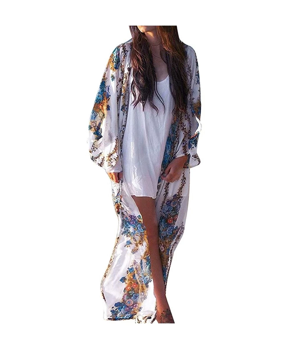 Cover-Ups Womens Floral Long Kimono Cardigan Lotus Chiffon Coat Tops Cover Up Beach Smock - White - C918RR3O3M6