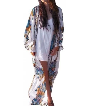 Cover-Ups Womens Floral Long Kimono Cardigan Lotus Chiffon Coat Tops Cover Up Beach Smock - White - C918RR3O3M6