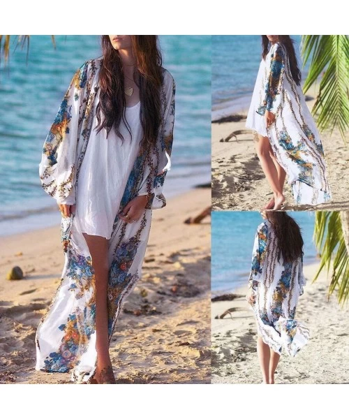 Cover-Ups Womens Floral Long Kimono Cardigan Lotus Chiffon Coat Tops Cover Up Beach Smock - White - C918RR3O3M6