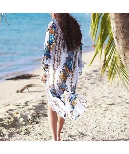 Cover-Ups Womens Floral Long Kimono Cardigan Lotus Chiffon Coat Tops Cover Up Beach Smock - White - C918RR3O3M6