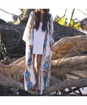 Cover-Ups Womens Floral Long Kimono Cardigan Lotus Chiffon Coat Tops Cover Up Beach Smock - White - C918RR3O3M6