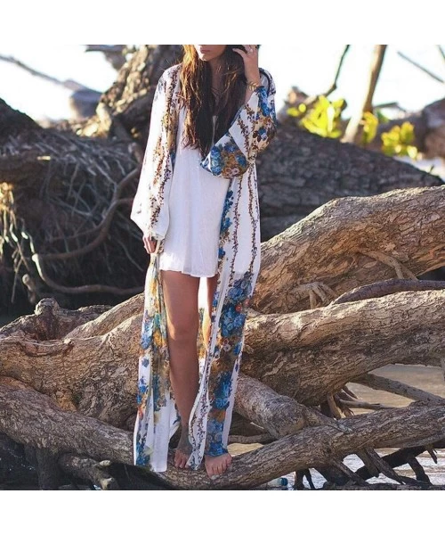 Cover-Ups Womens Floral Long Kimono Cardigan Lotus Chiffon Coat Tops Cover Up Beach Smock - White - C918RR3O3M6