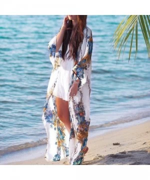 Cover-Ups Womens Floral Long Kimono Cardigan Lotus Chiffon Coat Tops Cover Up Beach Smock - White - C918RR3O3M6