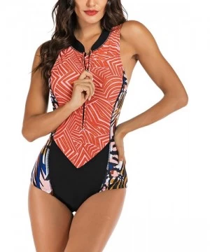 Rash Guards Women Sleeveless Striped Print Zip Front Rash Guard One Piece Swimsuit Athletic Swimwear - 2 Orange - C01943IOEHR