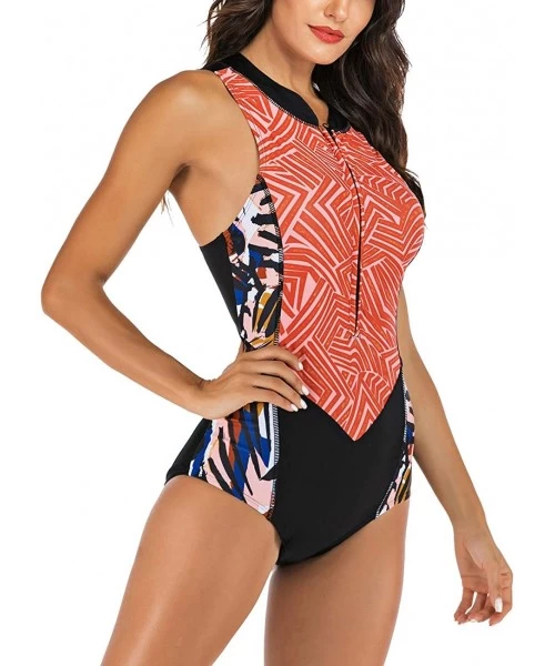 Rash Guards Women Sleeveless Striped Print Zip Front Rash Guard One Piece Swimsuit Athletic Swimwear - 2 Orange - C01943IOEHR