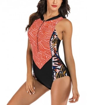 Rash Guards Women Sleeveless Striped Print Zip Front Rash Guard One Piece Swimsuit Athletic Swimwear - 2 Orange - C01943IOEHR