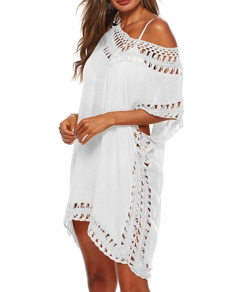 Cover-Ups Women Swimsuit Cover Ups V Neck Hollow Out Crochet Chiffon Kaftan Bikini Summer Beach Cover Up Dress - White - CE19...