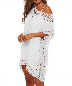 Cover-Ups Women Swimsuit Cover Ups V Neck Hollow Out Crochet Chiffon Kaftan Bikini Summer Beach Cover Up Dress - White - CE19...