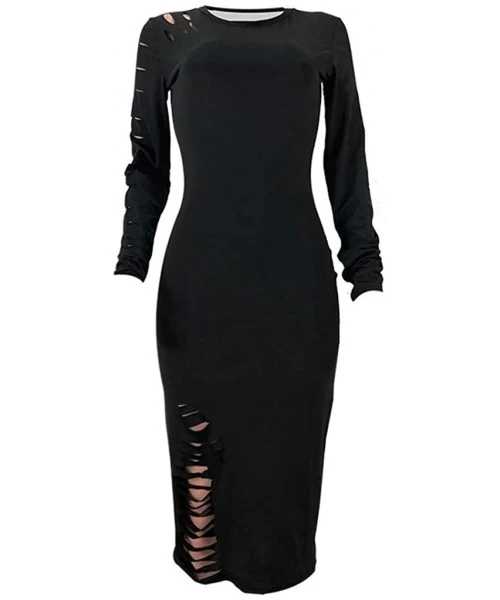 Racing Dress for Women Long Sleeve Solid Color Hole Elastic Casual Round Neck Dress - Black - CB18WEM8CMU