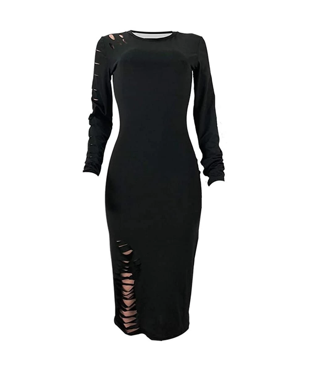 Racing Dress for Women Long Sleeve Solid Color Hole Elastic Casual Round Neck Dress - Black - CB18WEM8CMU