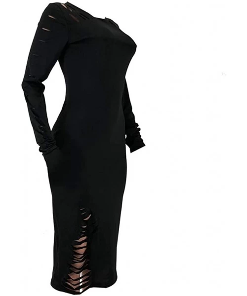 Racing Dress for Women Long Sleeve Solid Color Hole Elastic Casual Round Neck Dress - Black - CB18WEM8CMU